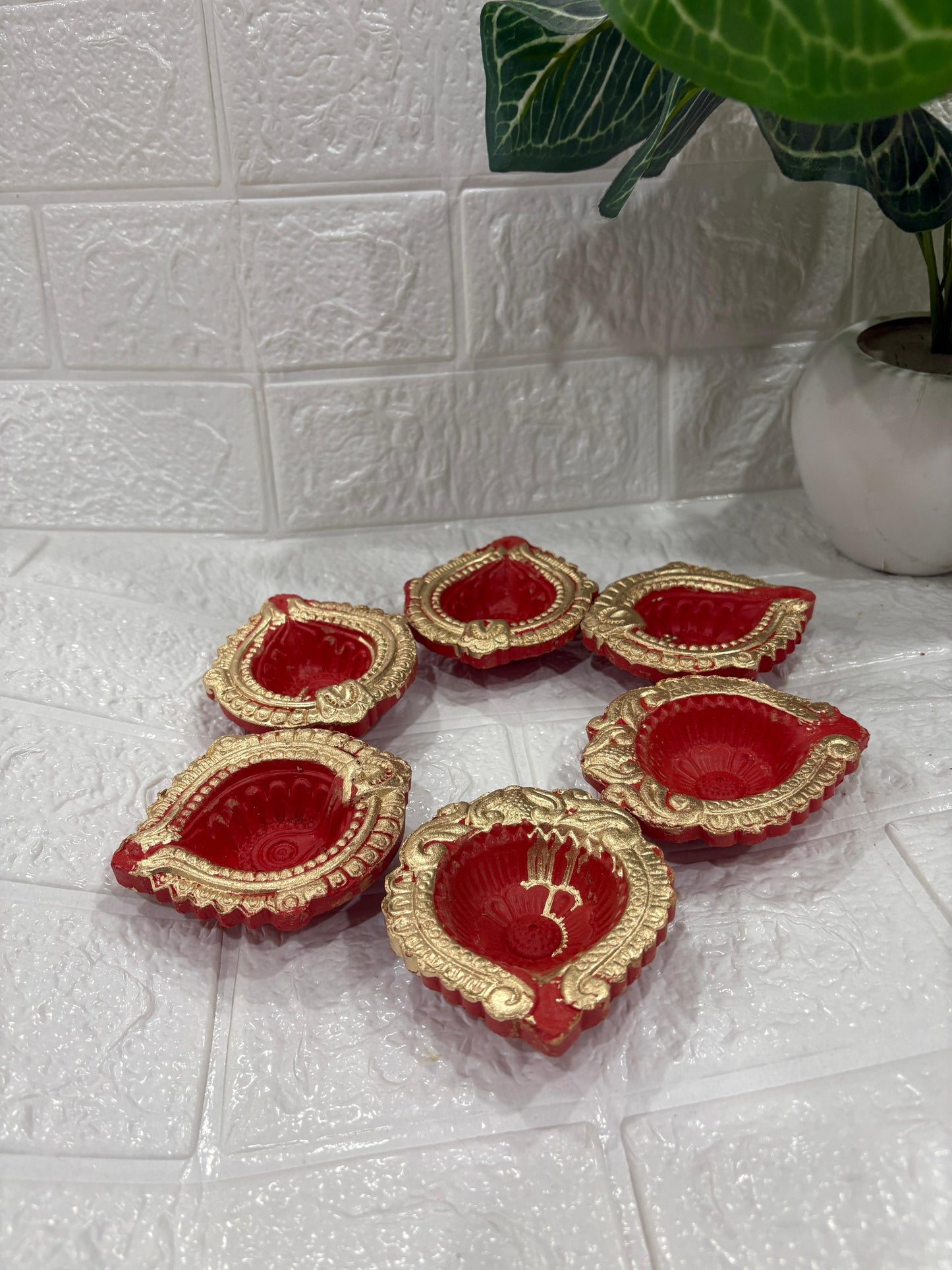 Diwali Diyas – Red & Gold | Clay Diyas (Set of 6)