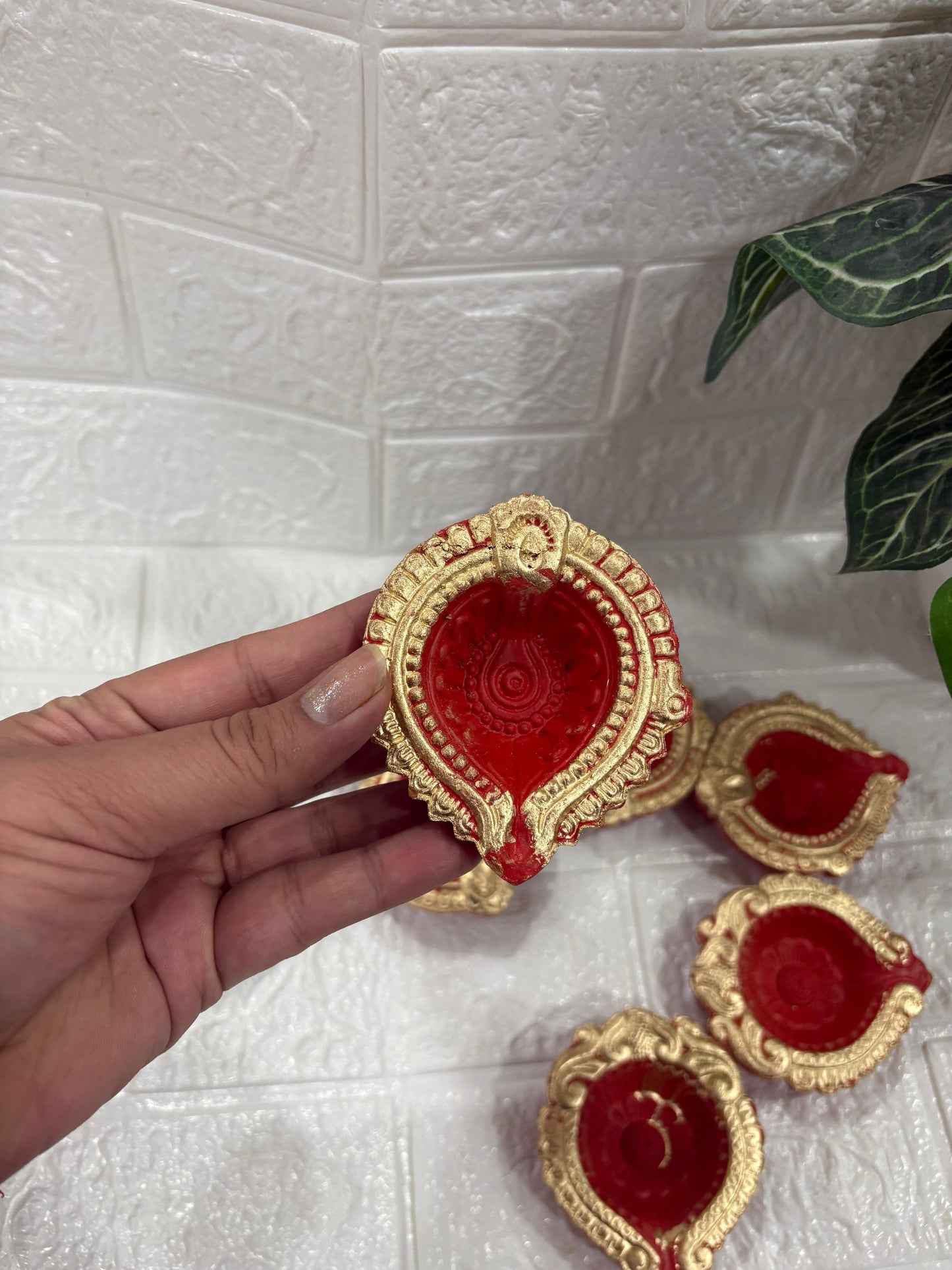Diwali Diyas – Red & Gold | Clay Diyas (Set of 6)