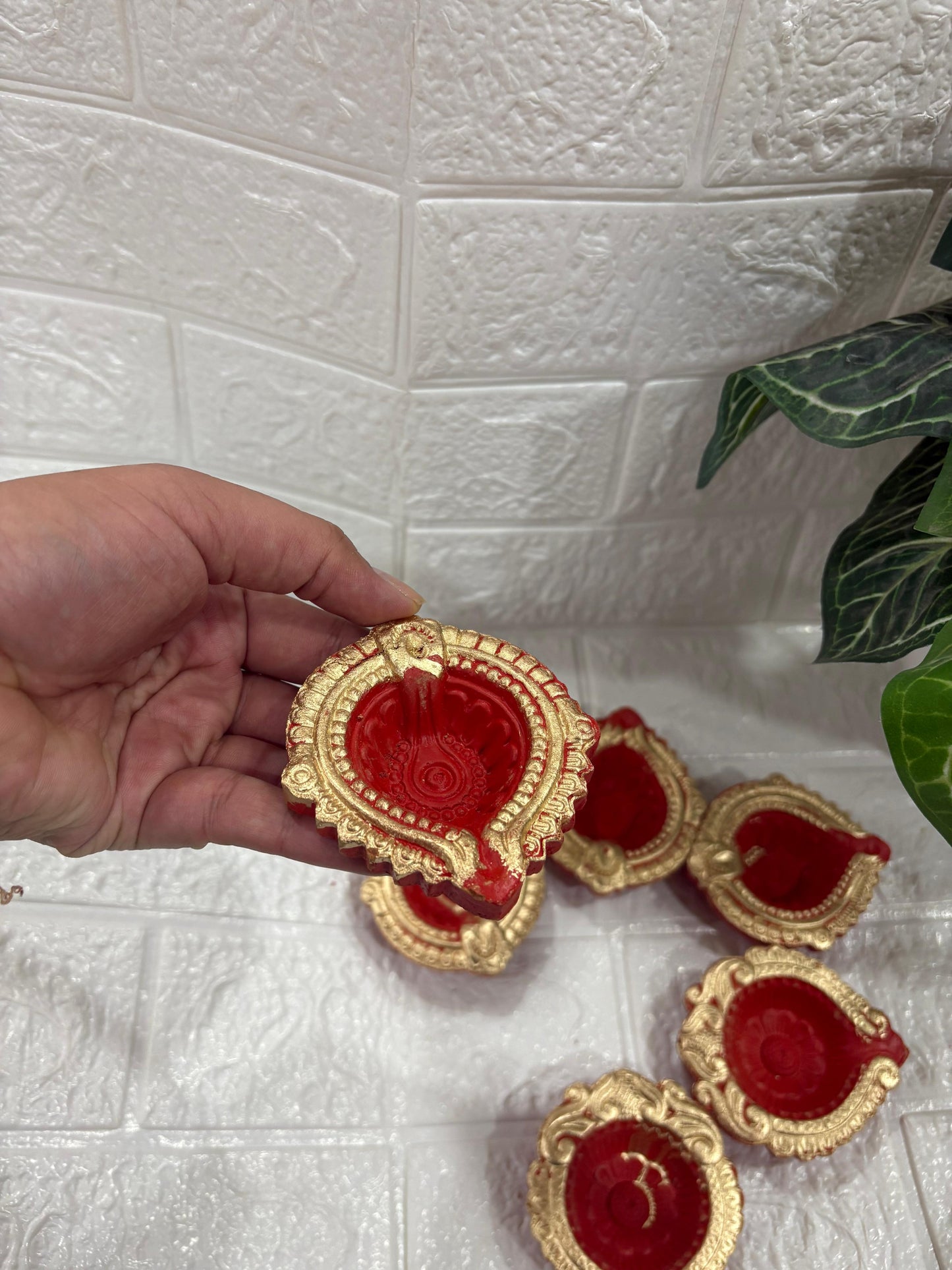 Diwali Diyas – Red & Gold | Clay Diyas (Set of 6)